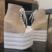 Beige Hidden Platform Sport Lace Up Wedges Tajna Club Shoes