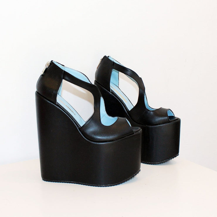 Slit Peep Toe Black High Heel Wedge Platform Shoes - Tajna Club