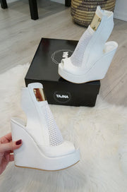 White Filet Peep Toe Wedge Platform Shoes - Tajna Club