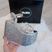 Ankle Strap Silver Shiny Wedge Platform Sandals - Tajna Club
