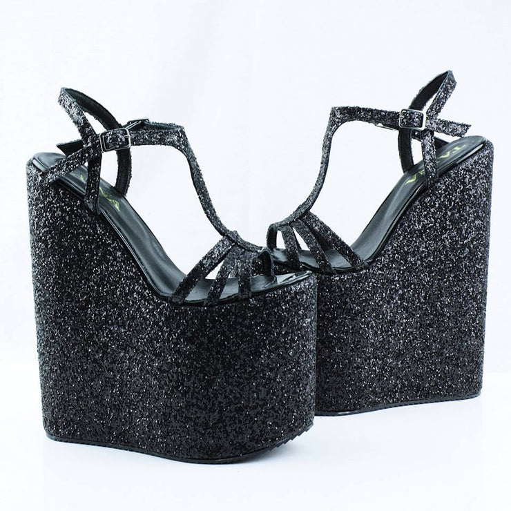 Black Shiny Wedge Sandals - Tajna Club