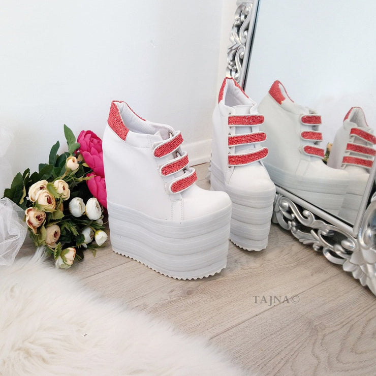White Pink Hook Pile Sport High Heel Wedge Platform Shoes - Tajna Club