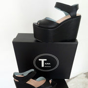 Black Ankle Strap Peep Toe Wedge Platform Sandals - Tajna Club
