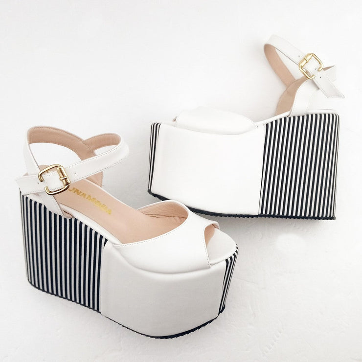 Black White Stripe Wedge Platform Sandals - Tajna Club