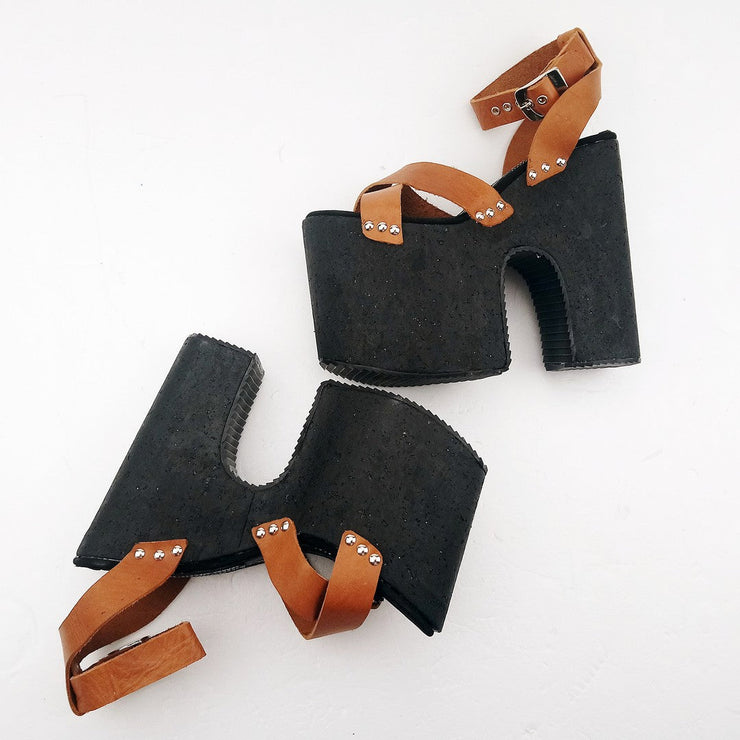 Light Brown Leather Cross Strap Platform Sabo Sandals - Tajna Club