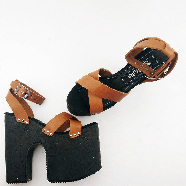 Light Brown Leather Cross Strap Platform Sabo Sandals - Tajna Club