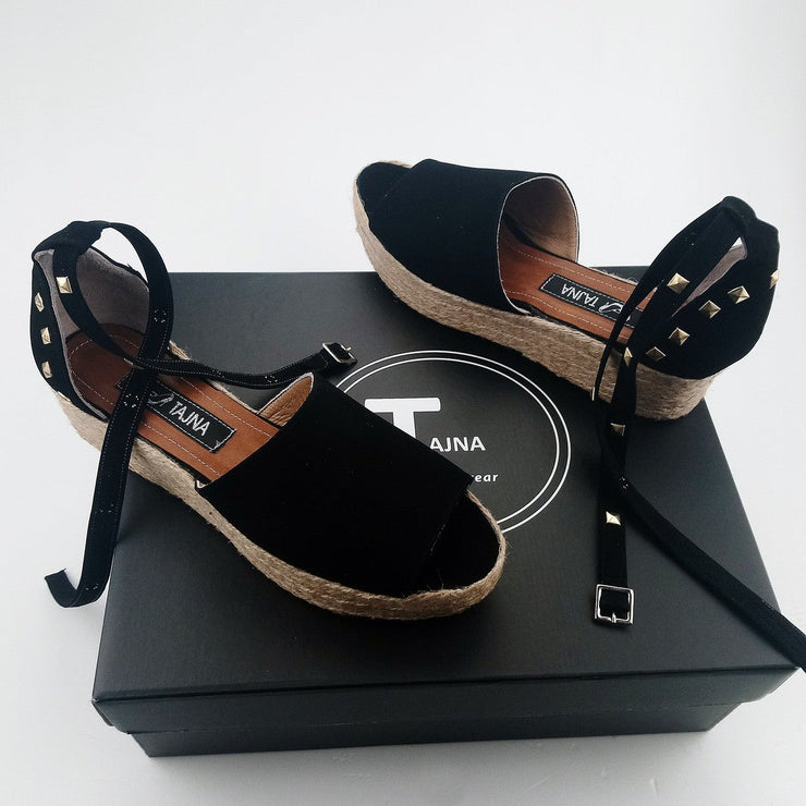 Espadril Black Pinned Wedge Sandals - Tajna Club