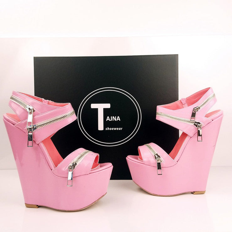 Baby Pink Patent Leather 17 cm Heel Wedge Sandals - Tajna Club