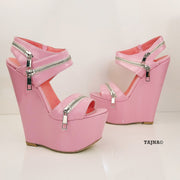 Baby Pink Patent Leather 17 cm Heel Wedge Sandals - Tajna Club
