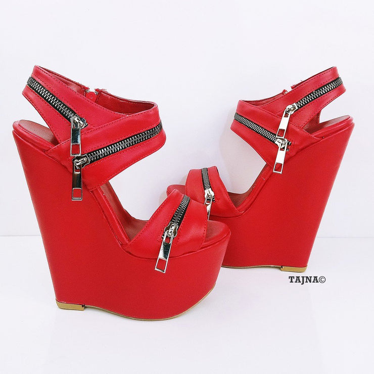Red Zipper 17 cm Heel Wedge Sandals - Tajna Club
