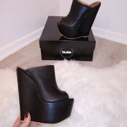 Black Peep Toe 17 cm High Heel Wedge Mules - Tajna Club