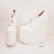 Lace Up Platform White Wedge Bridal Shoes - Tajna Club