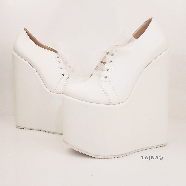 Lace Up Platform White Wedge Bridal Shoes - Tajna Club
