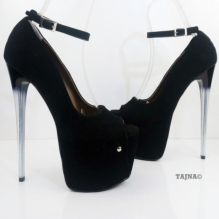Black Faux Suede Ankle Strap 19 cm Glassy Heel Platforms - Tajna Club