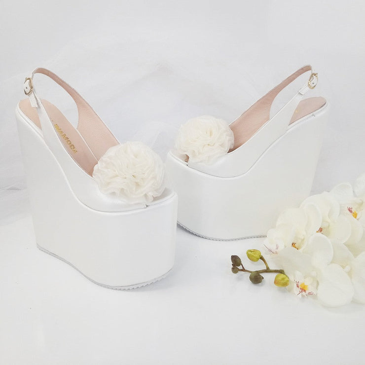 Pompom Ivory White Pee Toe Platform Wedge Bridal Shoes - Tajna Club