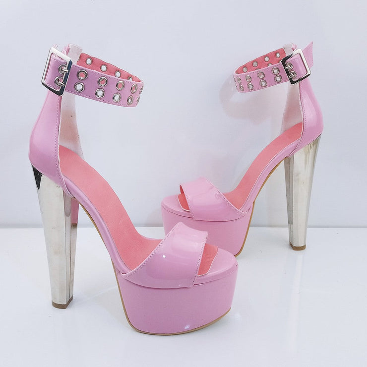 Baby Pink Belted High Heel Platform Sandals - Tajna Club