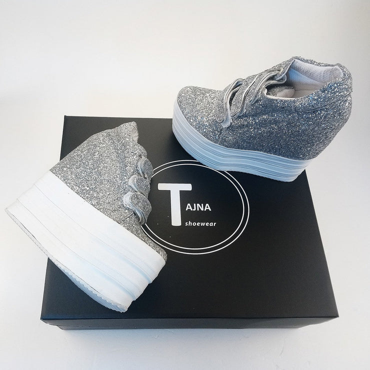 Silver Shiny Hidden Platform Heel Sport Shoes - Tajna Club