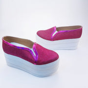 Fushia Pink Shinny Sneakers Wedge Platform Shoes - Tajna Club