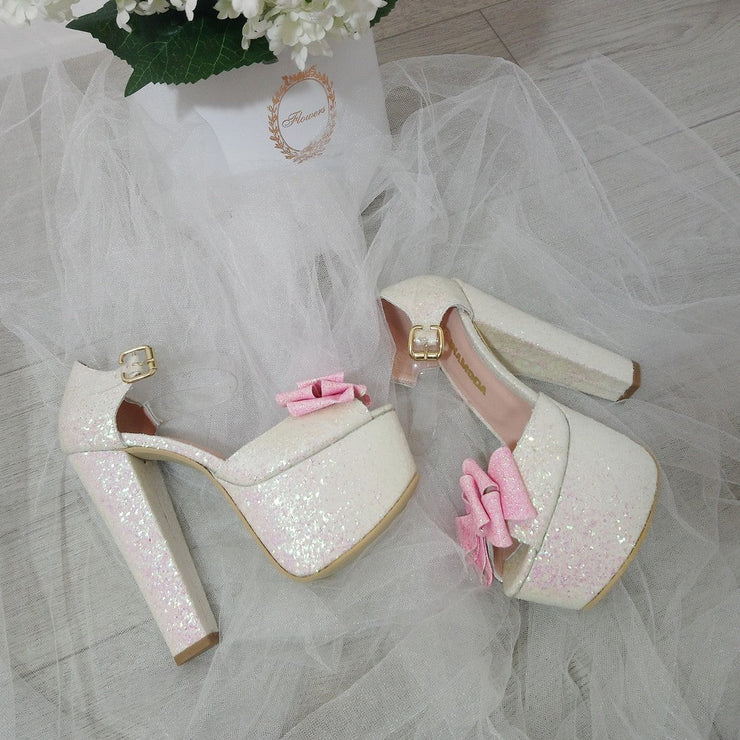 White Shiny Pink Ribbon Bridal Platform Shoes - Tajna Club