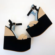 Black Cream Velvet Ankle Strap Platform Wedge Sandals - Tajna Club