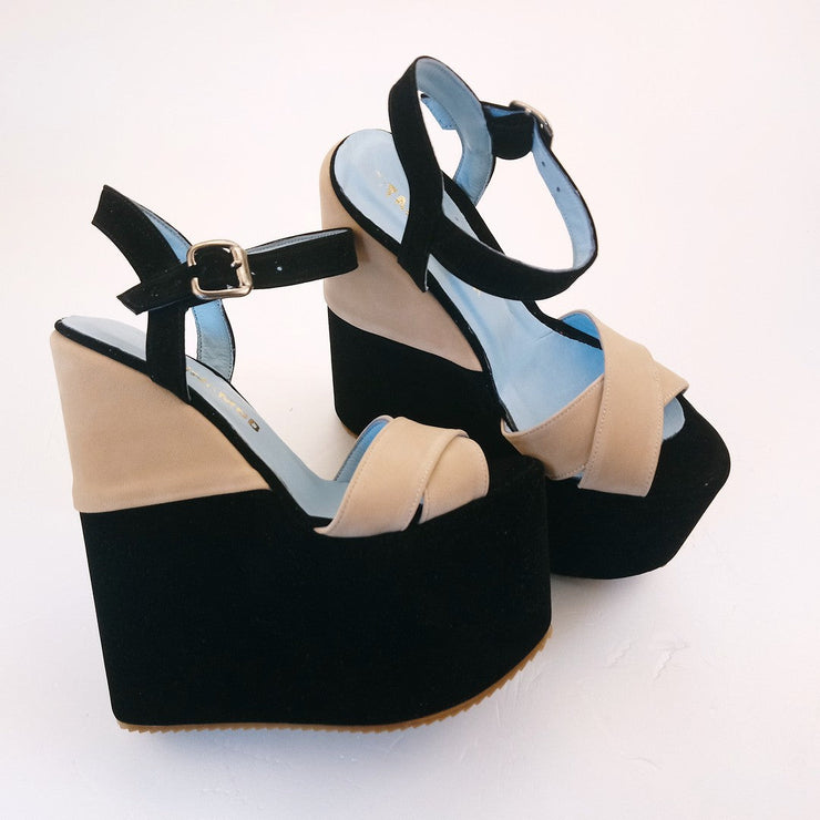 Black Cream Velvet Ankle Strap Platform Wedge Sandals - Tajna Club