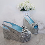 Ribbon Silver Glitter Wedge Platform Shoes - Tajna Club