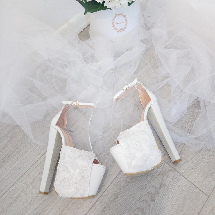 Lace White Ankle Strap High Heel Platform Bride Shoes - Tajna Club