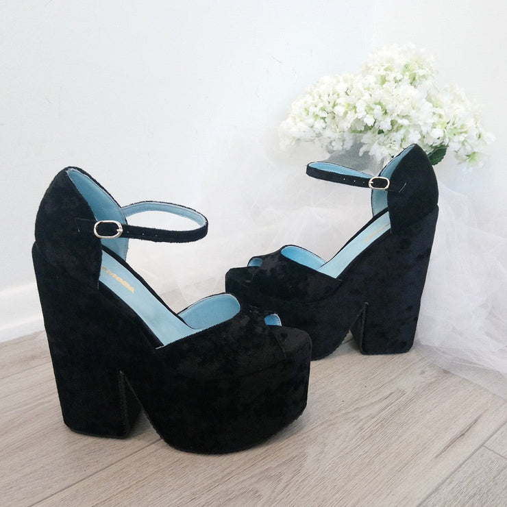 Black Velvet Ankle Strap Platform Wedge Sandals - Tajna Club