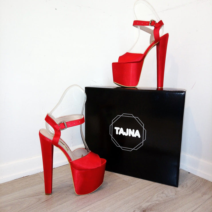 Red Satin Ankle Strap 19 cm High Heel Platforms - Tajna Club