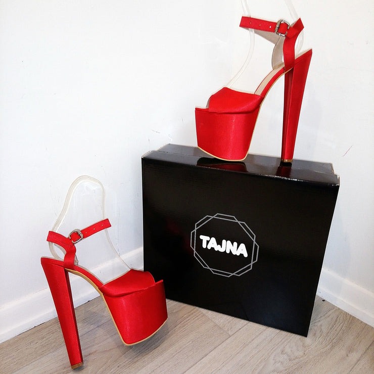 Red Satin Ankle Strap 19 cm High Heel Platforms - Tajna Club