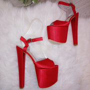 Red Satin Ankle Strap 19 cm High Heel Platforms - Tajna Club