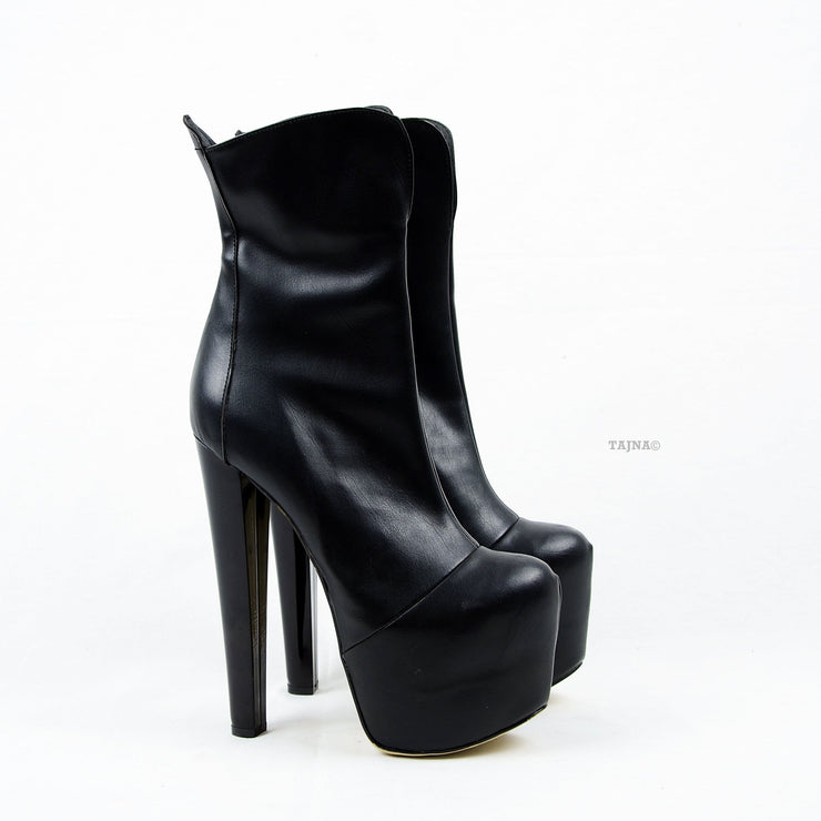 Black Faux Leather High Heel Platform Boots - Tajna Club