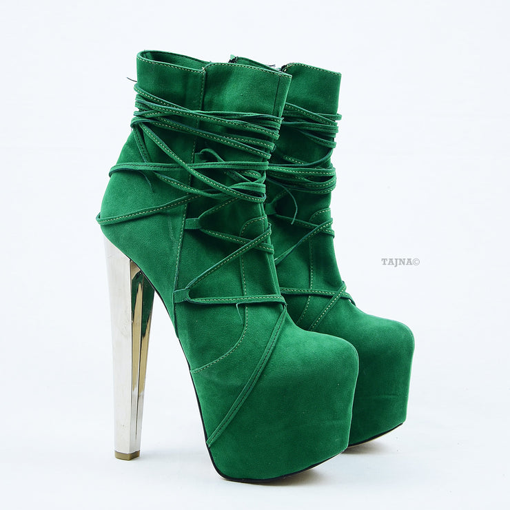 Green Suede Lace Up High Heel Platform Boots - Tajna Club