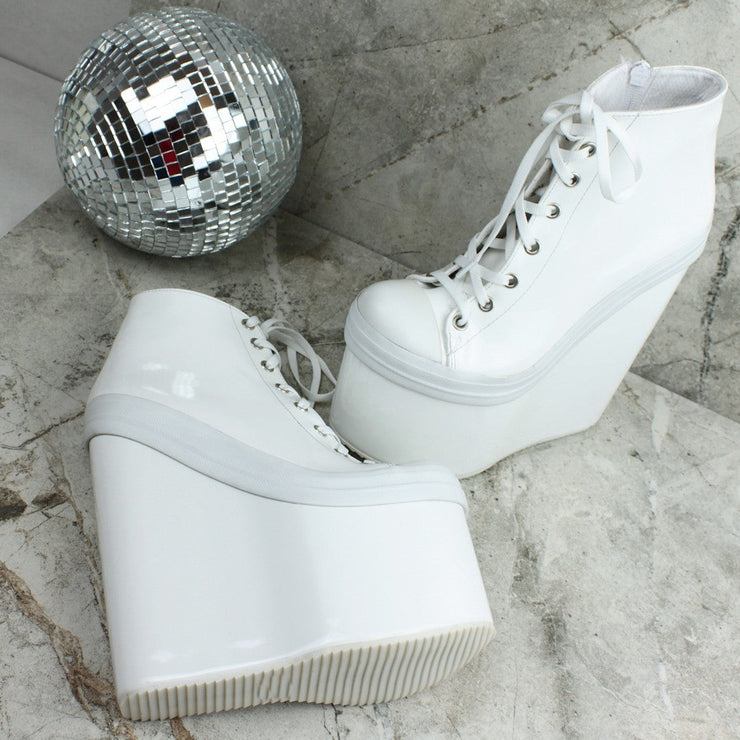 White Lace Up Ankle Wedge Booties - Tajna Club