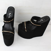Black Suede Golden Ankle Wedge Mules - Tajna Club