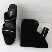 Black Suede Golden Ankle Wedge Mules - Tajna Club