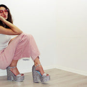 Shiny Silver Ankle Strap Platform Wedge Shoes - Tajna Club