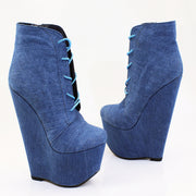 Jean Denim Lace Up Ankle Wedge Booties - Tajna Club