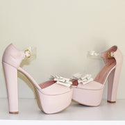 Ribbon Light Pink Satin Bridal Platform Shoes - Tajna Club
