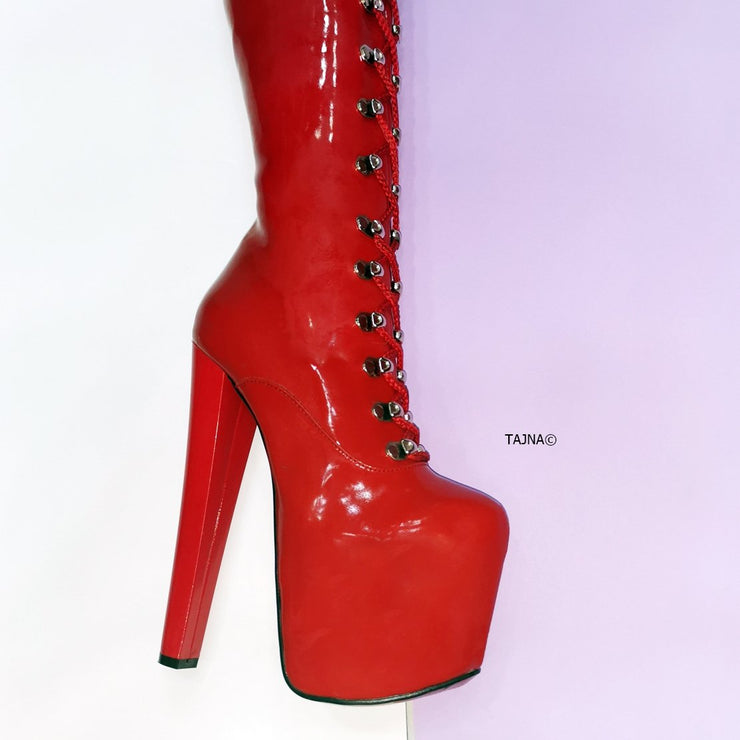 Red Patent Military Style Chunky Heel Boots - Tajna Club