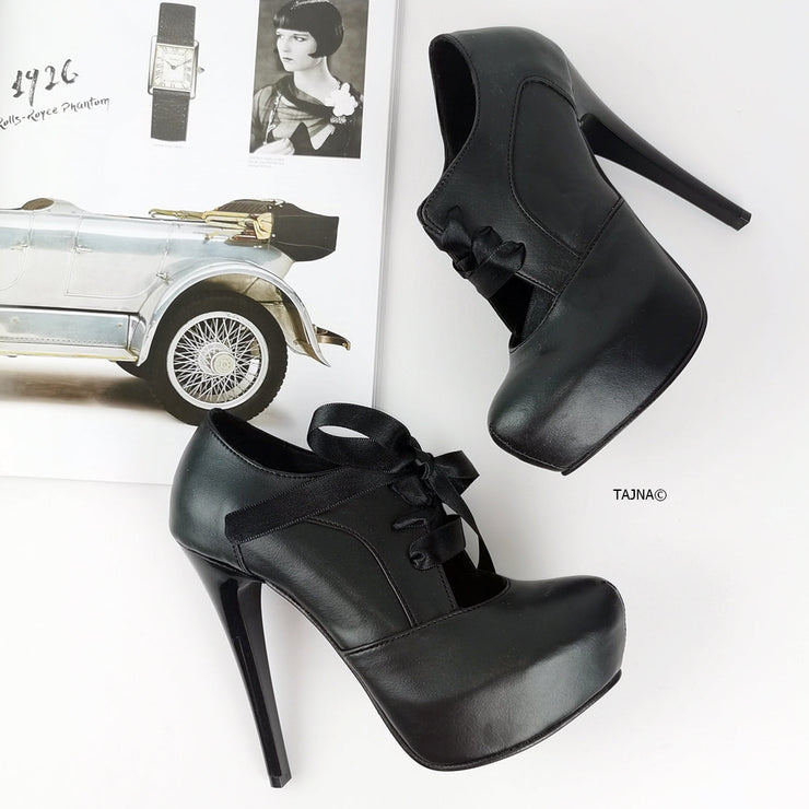 Black Vintage Style Lace Up Heels - Tajna Club