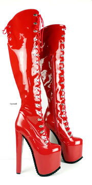 Serrated Sole Red Military Lace Up Knee High Boots - Tajna Club