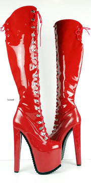 Serrated Sole Red Military Lace Up Knee High Boots - Tajna Club