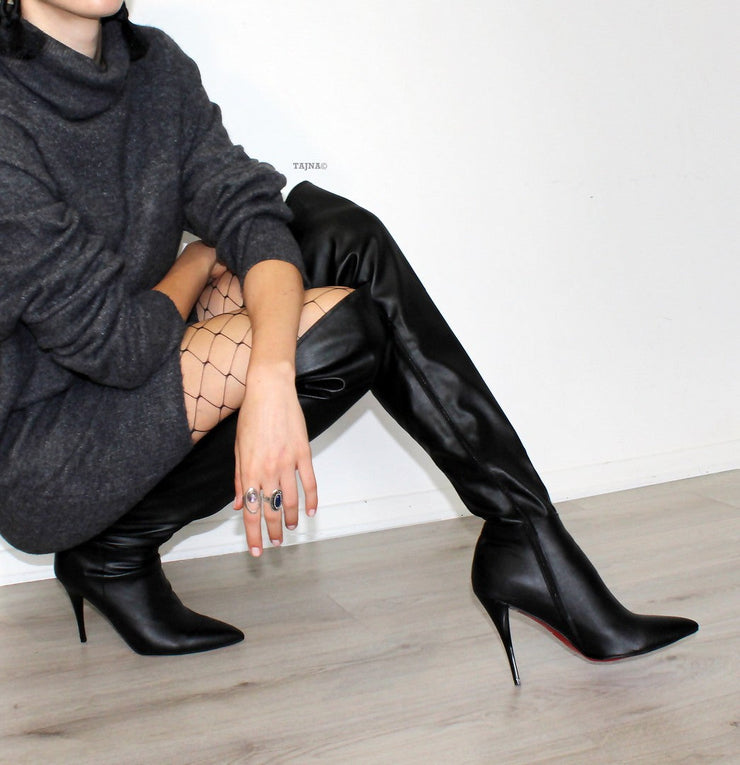Black Pointed Nose Over Knee Heel Boots - Tajna Club