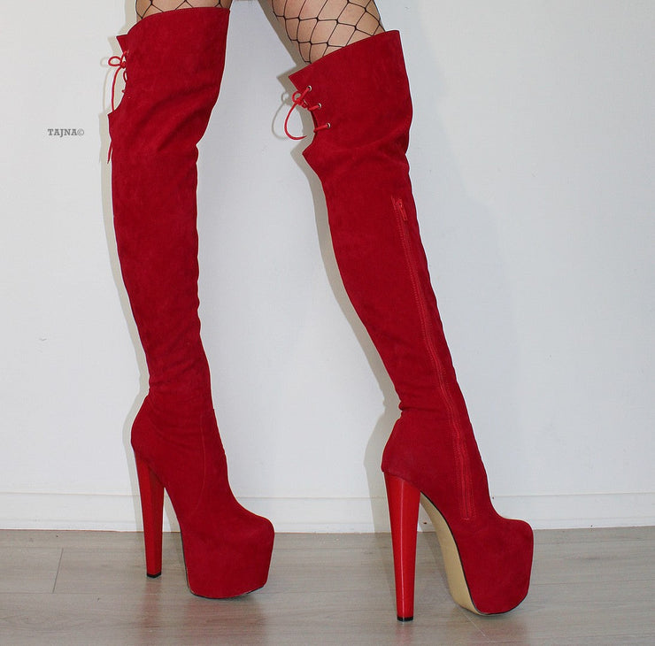 Red Suede 19 cm Knee High Platform Boots - Tajna Club