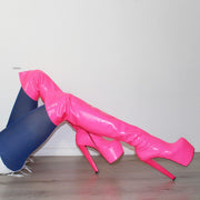 Strech Neon Pink Knee High Platform Boots - Tajna Club