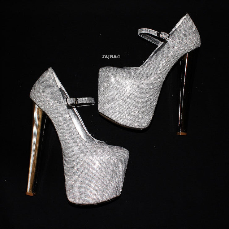 Silver Metallic Shiny 19 cm Platform Heels - Tajna Club