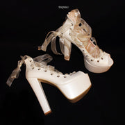 Ballerinas Lace Up Chunky White Platform Heels - Tajna Club