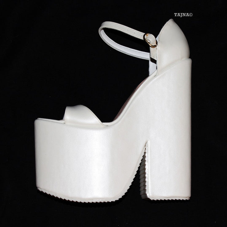 Ivory Peep Toe Ankle Strap Platform 20 cm Wedges - Tajna Club