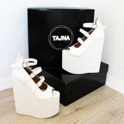 Belted White Peep Toe Wedged Platform Shoes - Tajna Shoes